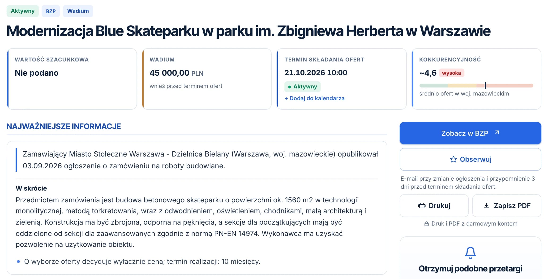 Karta przetargu na modernizację Blue Skateparku w Warszawie z widocznym wadium, terminem i podsumowaniem W skrócie.